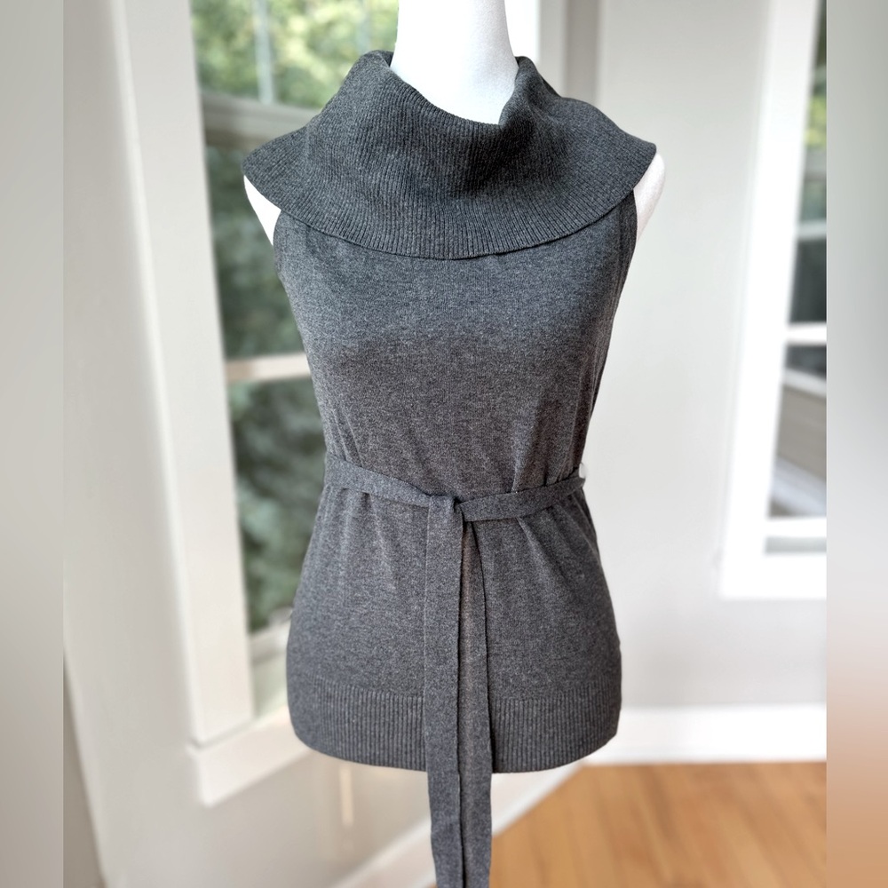 Banana Republic Petite Charcoal Gray Cowl Neck Sleeveless Belted Knit Top Sz XS